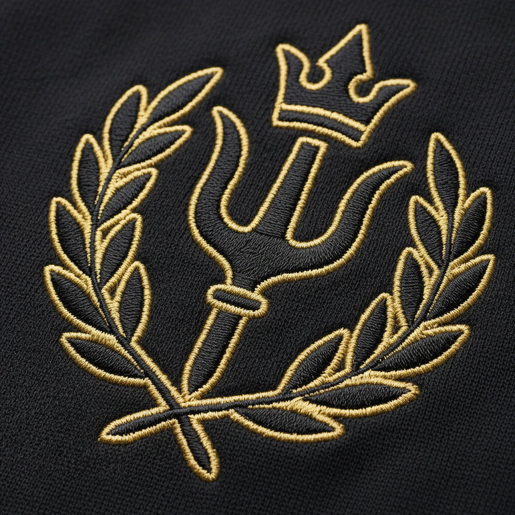 Gold and black embroidered design on a black fabric