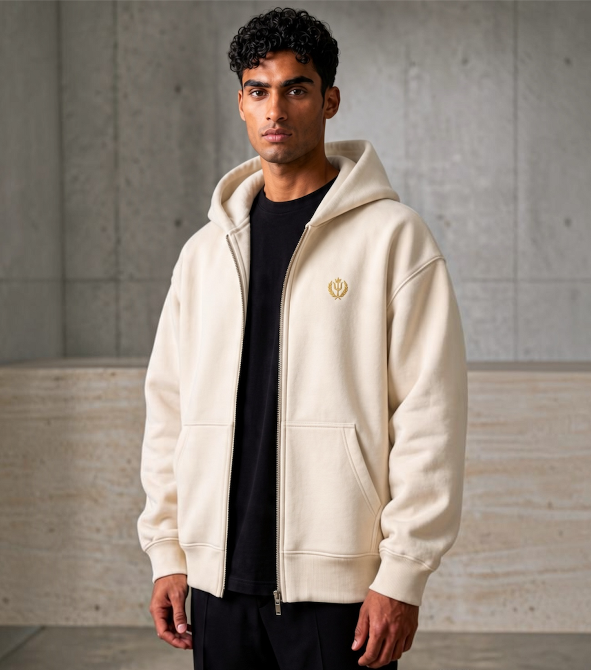 heavyweight zip hoodie ecru with metallic gold embroidery

