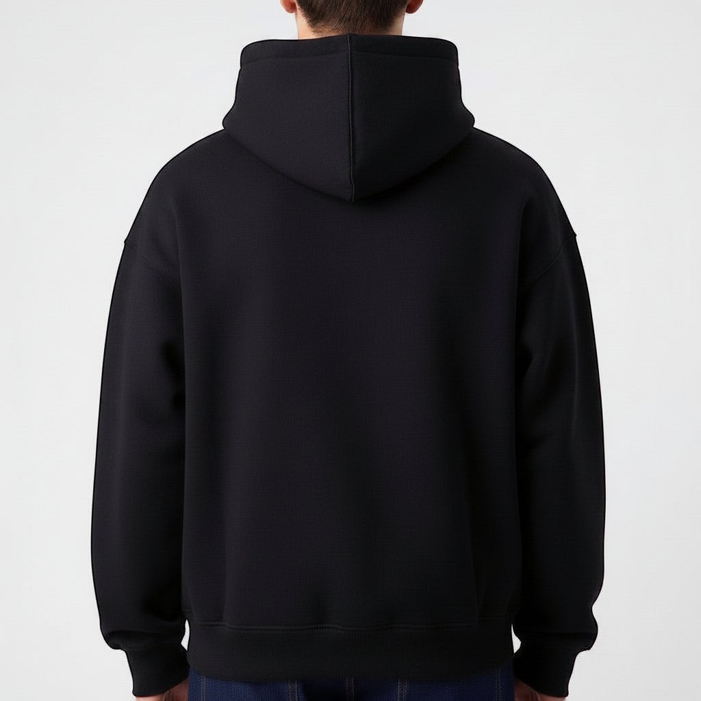 DÆLØR black cotton fleece hoodie with metallic gold logo, drop shoulder, and minimalist design.