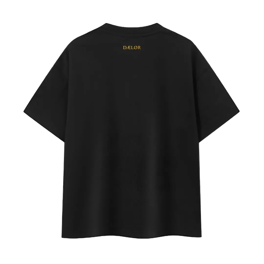 DÆLØR black heavyweight cotton t-shirt with metallic gold embroidery on the back.