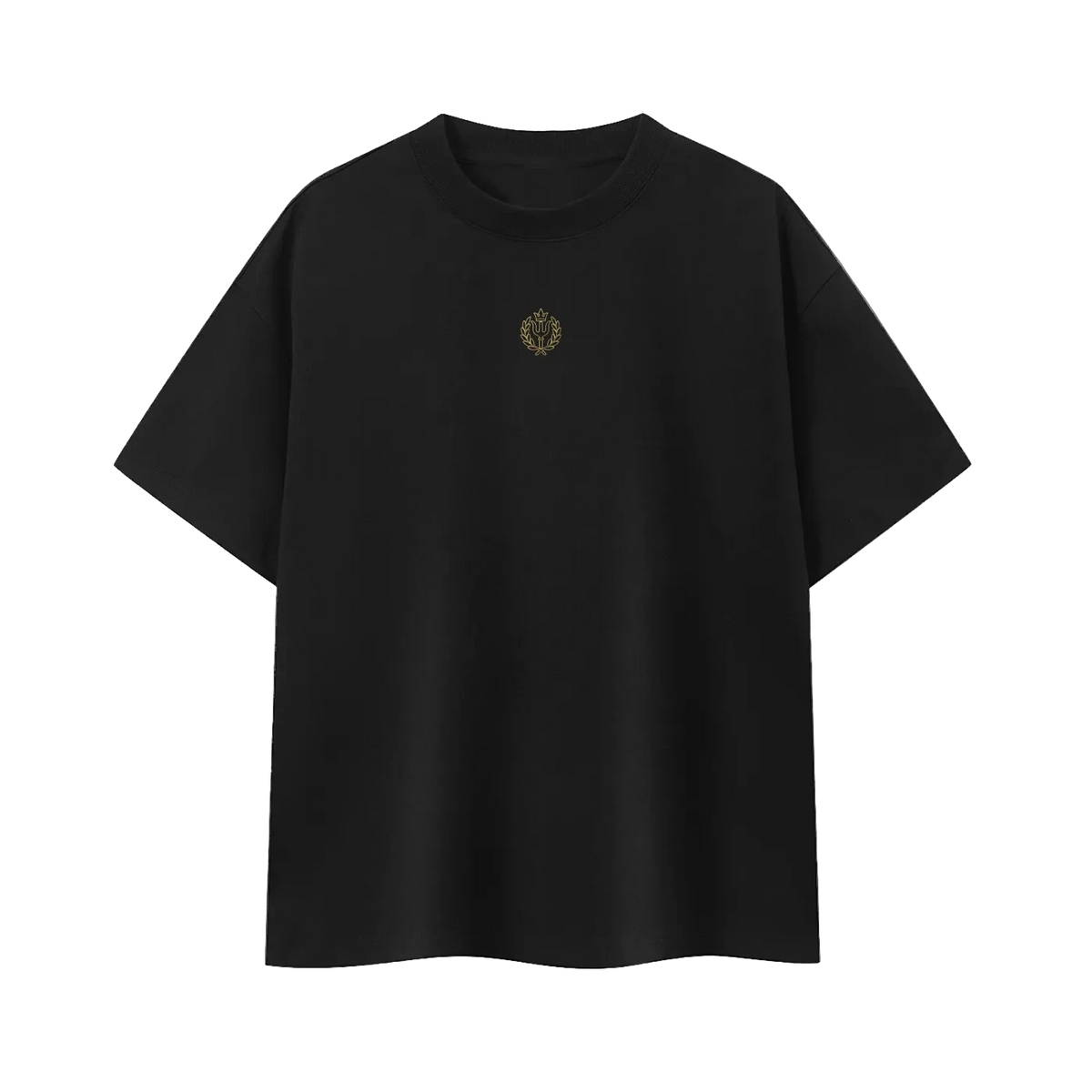 DÆLØR black heavyweight cotton t-shirt with metallic gold embroidered logo on chest. Modern boxy fit.