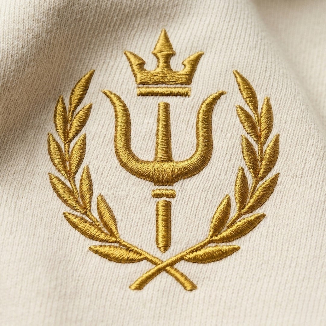 DÆLØR bone heavyweight zip-up hoodie with metallic gold trident and laurel wreath embroidery.