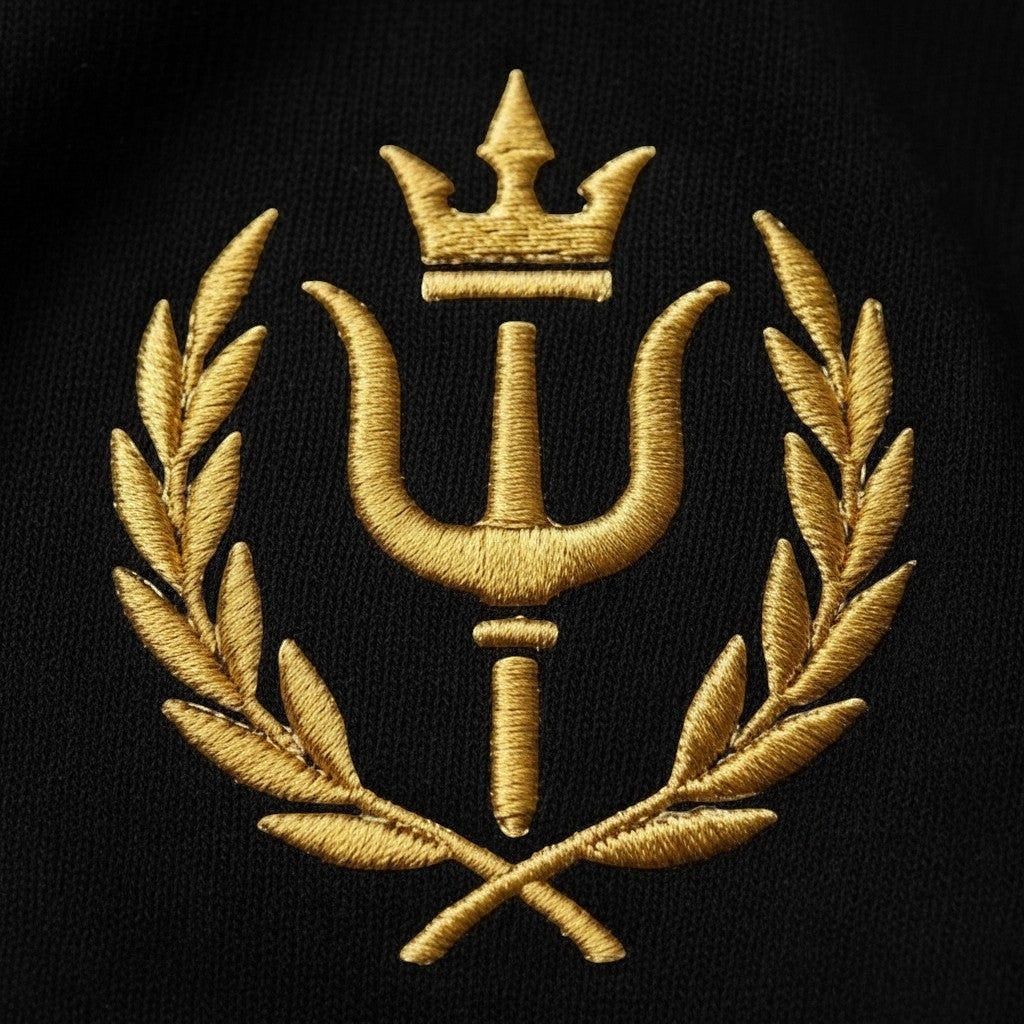 DÆLØR black heavyweight cotton tee with gold metallic embroidered crest detail on left chest.