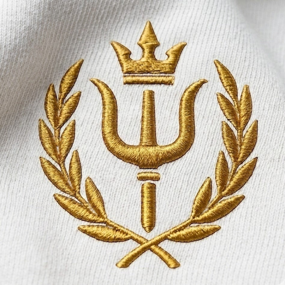 DÆLØR white heavyweight cotton tee with gold embroidered crest featuring a crown and trident.