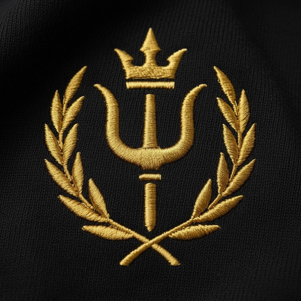 DÆLØR Signature Gold Heavyweight Zip-Up hoodie with metallic gold embroidery of a crown and trident emblem on cream fleece.